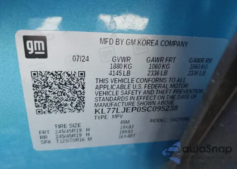 2025 Chevrolet Trax 2Rs from USA, damaged, VIN KL77LJEP0SC095238